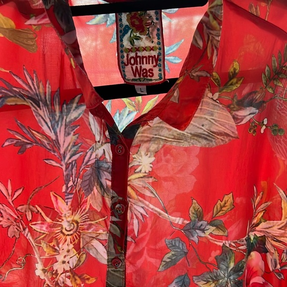 Johnny Was Sheer Button Front Red Multi Color Roll Sleeve Tunic Size L - Picture 3 of 13